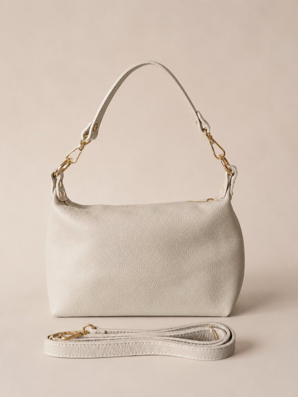 Light Beige Italian Leather Mini Bag, Pebbled Crossbody Purse